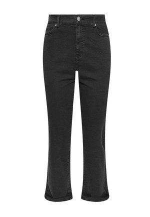 Schwarze Denim-Jeans mit einem kurzen, ausgestellten Bein Design. Zu den Merkmalen gehören ein Knopfverschluss, Gürtelschlaufen und klassische Fünf-Taschen-Style.