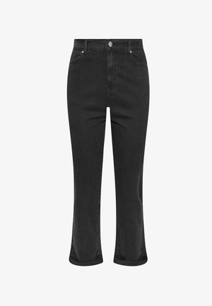 Schwarze Denim-Jeans mit einem kurzen, ausgestellten Bein Design. Zu den Merkmalen gehören ein Knopfverschluss, Gürtelschlaufen und klassische Fünf-Taschen-Style.