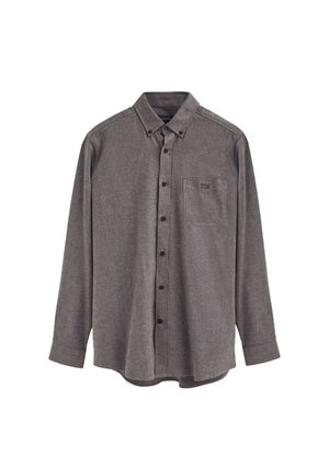 Camicia grigia con bottoni frontali, realizzata in tessuto strutturato, con taschino sul petto, colletto con bottoni e bottoni scuri lungo la parte frontale.