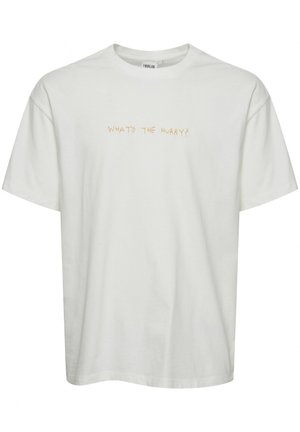 White cotton t-shirt with short sleeves and a round neckline, featuring orange embroidered text "WHAT'S THE HURRY?" on the front.