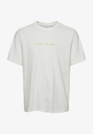White cotton t-shirt with short sleeves and a round neckline, featuring orange embroidered text "WHAT'S THE HURRY?" on the front.