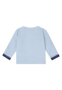 Ljusblå skjorta med långa ärmar och marinblå manschetter. Mjuk bomullsmaterial, rund halsringning och enkel design. Bakvy utan några grafik eller mönster.