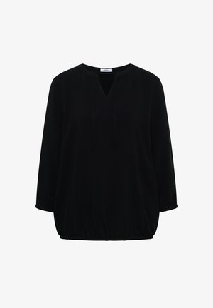 Blusa nera a maniche lunghe con collo rotondo, apertura a goccia sul davanti, laccetti regolabili e orlo elasticizzato.