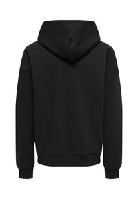 Sweat à capuche noir à manches longues avec poignets côtelés, vu de dos sur fond blanc.