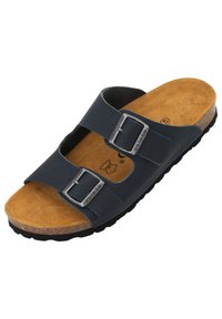 Black two-strap sandal with adjustable metal buckles, cork footbed, and textured rubber outsole. Soft suede-like interior.