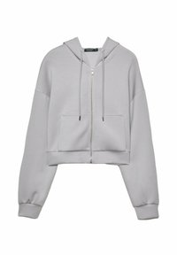 Gekürzter grauer Hoodie aus glattem Stoff, mit einem Frontreißverschluss, verstellbaren Kordeln und einer großen Fronttasche. Breite Ärmel mit Bündchen.
