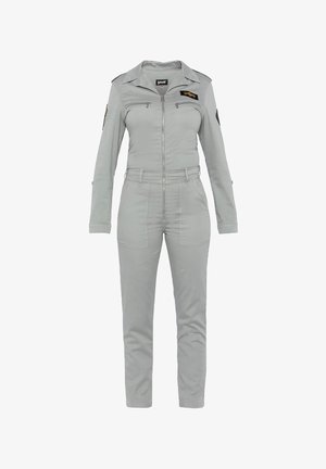 Completo grigio chiaro a maniche lunghe con cerniera frontale, tasche sul petto con zip, passanti per cintura e toppe ricamate sul petto e sulle maniche.