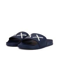 Navy blue slide sandals made of synthetic material featuring an open toe design and prominent white cross patterns on the straps.