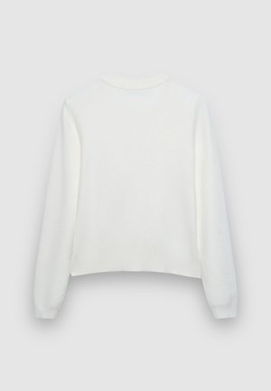 Maglione bianco a maniche lunghe in maglia con collo, polsini e orlo a costine, mostrato disteso sul retro su uno sfondo grigio chiaro.