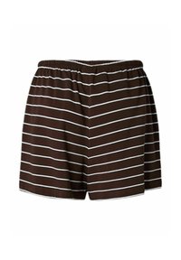 Shorts marron à taille élastique avec fines rayures blanches horizontales, style décontracté.