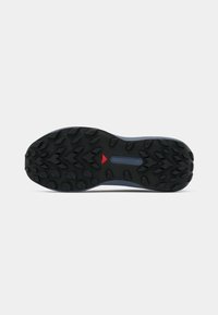 Semelle noire et robuste d'une chaussure de trail running avec des crampons profonds et un petit détail triangulaire rouge au centre.