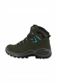 Dunkelgrüner Wanderschuh mit strukturiertem Obermaterial, schwarzen Akzenten, Metallösen und einer robusten Außensohle, die für Traktion sorgt.