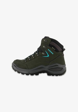 Botte de randonnée vert foncé avec un upper texturé, des accents noirs, des œillets en métal et une semelle extérieure robuste conçue pour l'adhérence.