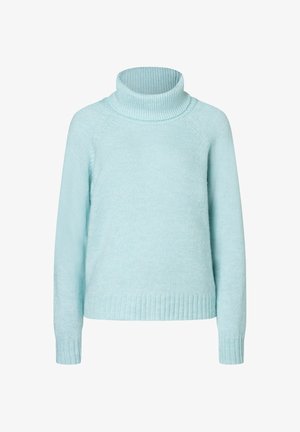 Hellblau gestrickter Rollkragenpullover mit langen Raglansälen sowie gerippten Bündchen und Saum auf weißem Hintergrund.