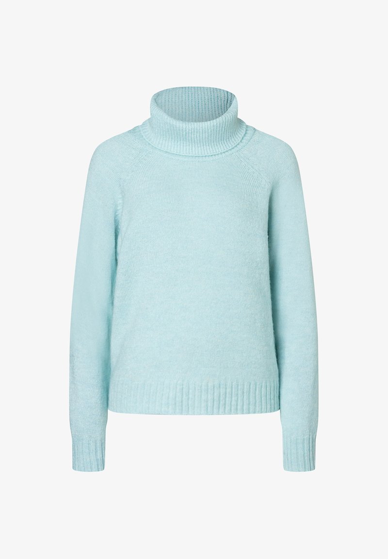 Hellblau gestrickter Rollkragenpullover mit langen Raglansälen sowie gerippten Bündchen und Saum auf weißem Hintergrund.