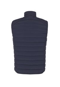 Chaleco acolchado azul marino con un cuello alto, que presenta secciones acolchadas horizontales y una textura suave. Vista trasera, sin cierres visibles.