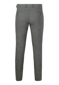 Grijze, op maat gemaakte broeken met een gladde textuur, slim fit en twee achterzakken. Voorzien van een tailleband met riemlussen en subtiele stikdetails.