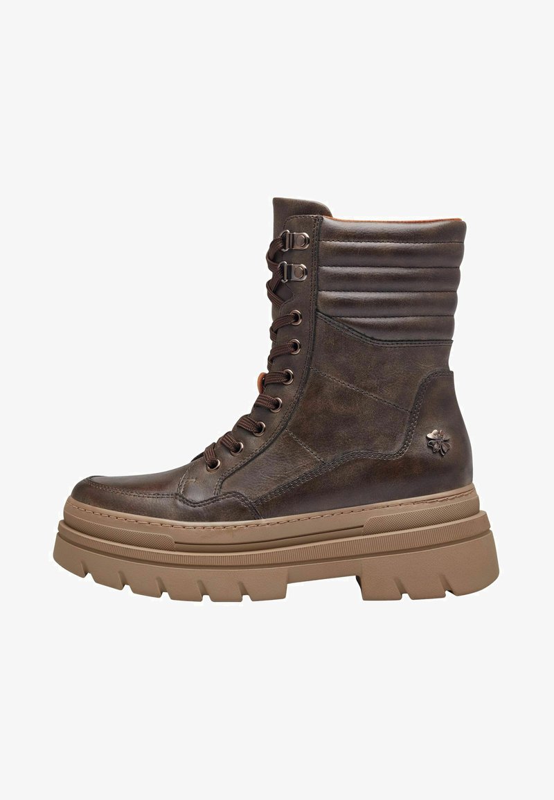 Brown leather ankle boot with a thick beige sole, featuring lace-up front, padded collar, and a decorative flower accent on the side.