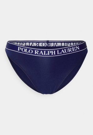 Slip bikini blu navy con una texture morbida, caratterizzato da un elastico bianco in vita con il logo "POLO RALPH LAUREN".