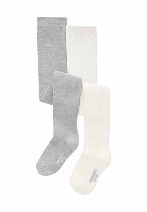 Drei Paar Strumpfhosen: eine hellgraue, eine dunkelgraue und eine weiße mit einem strukturierten Herzmuster. Weiches Strickmaterial mit elastischen Taillenbündchen.