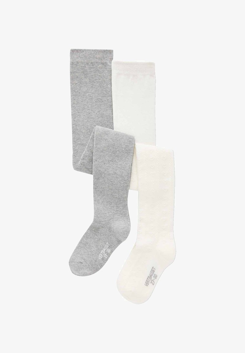 Drei Paar Strumpfhosen: eine hellgraue, eine dunkelgraue und eine weiße mit einem strukturierten Herzmuster. Weiches Strickmaterial mit elastischen Taillenbündchen.