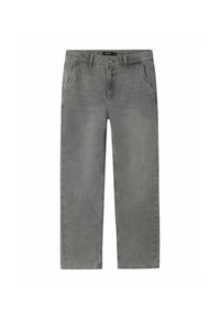 Graue Denim-Jeans mit geradem Schnitt, ausgestattet mit Vordertaschen, einem Knopfverschluss und minimalen Steppdetails. Weiches Textil, mittlere Leibhöhe.
