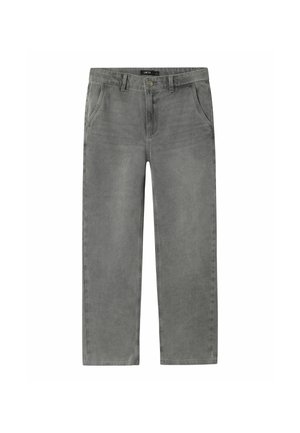 Szare dżinsy o prostym kroju, z przednimi kieszeniami, z zapięciem na guzik i minimalistycznymi detalami szwów. Miękka tekstura, średni stan.