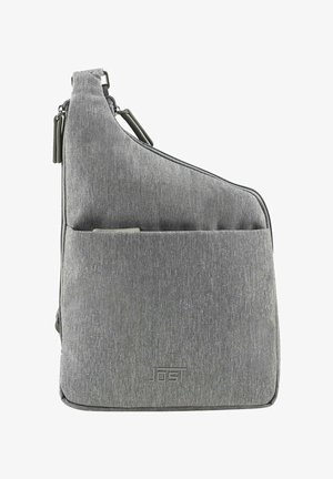 Graue Umhängetasche aus strukturiertem Stoff mit Reißverschluss, flacher Fronttasche und verstellbarem Riemen. Mit einem Logo auf der unteren Vorderseite.