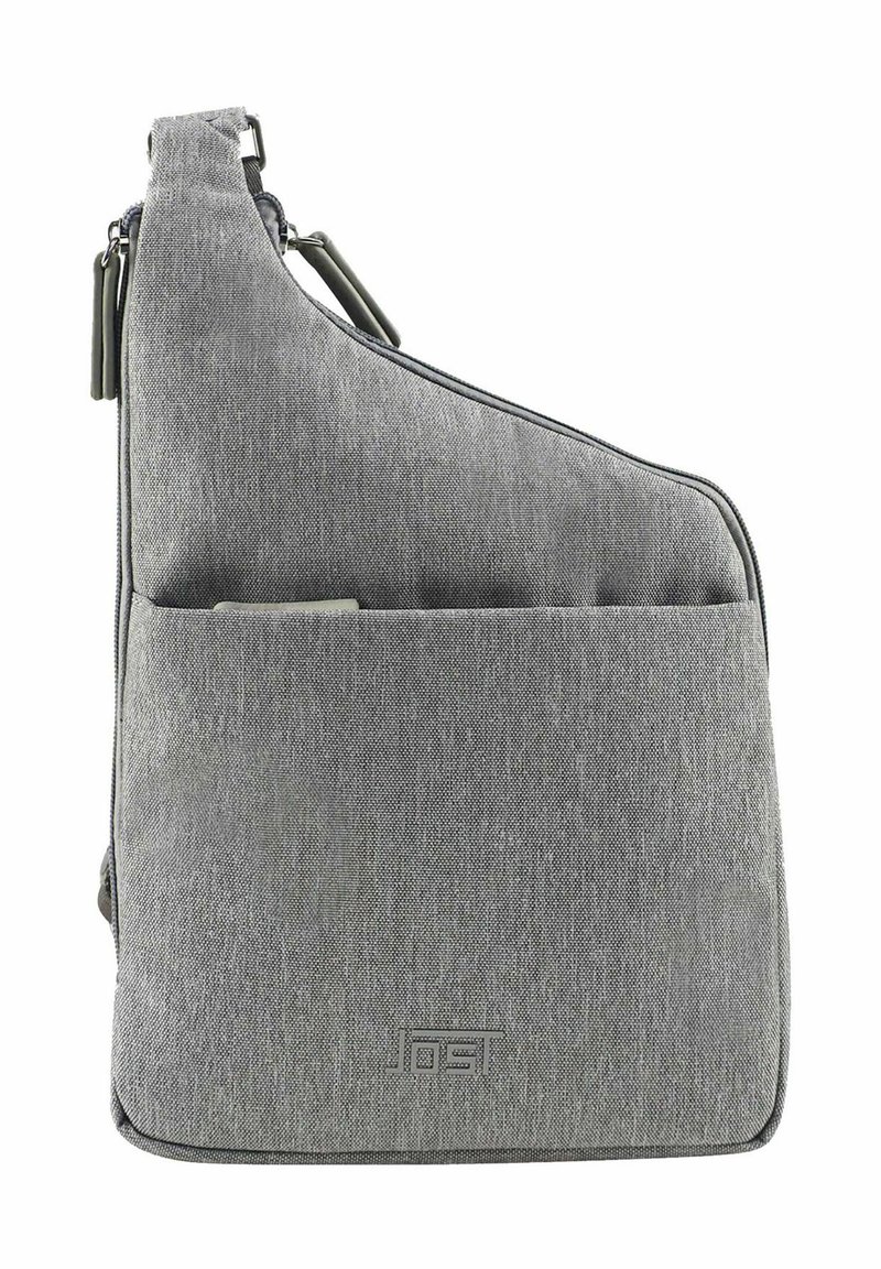 Borsa a tracolla grigia in tessuto testurizzato con chiusura a zip, tasca anteriore piatta e tracolla regolabile. Presenta un logo sulla parte anteriore inferiore.