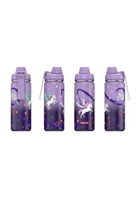 Purple reusable water bottle with a textured finish, featuring unicorn and star designs, and a removable strap for easy carrying.