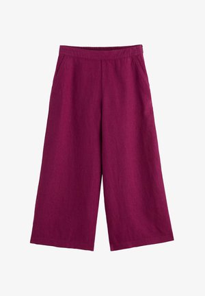 Széles szárú, rövidített nadrág mély bíborvörös színben, oldalzsebekkel és rugalmas derékrésszel, könnyű anyagból készült.