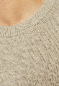 Pull léger beige avec un col rond en côtes et un tricot doux et texturé. Le tissu a l'air chaud et décontracté avec un motif subtil.