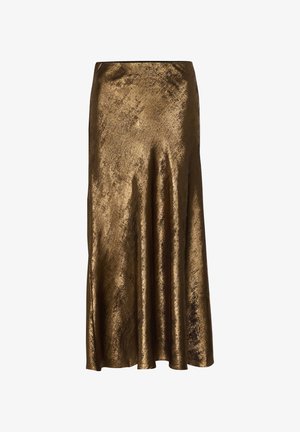 Bronzefarvet satin nederdel med en glat tekstur, gulvlængde design og udvidet silhuet. Har en subtil glansfinish.