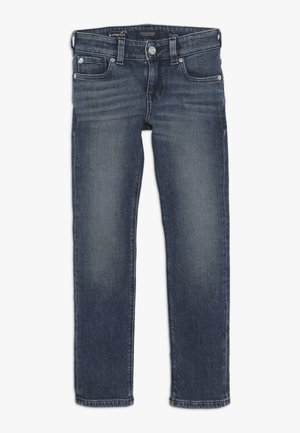 Dunkelblaue Jeans mit geradem Bein, Vorder- und Rückentaschen, Gürtelschlaufen, Knopfverschluss und dezenten ausgewaschenen Details.