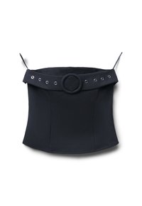Schwarzer Bustier mit einem breiten Stoffband, kreisförmigem Akzent und Metallösen. Hergestellt aus einem glatten, elastischen Material.