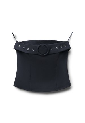 Bustier noir avec une large bande de tissu, un accent circulaire et des œillets en métal. Confectionné à partir d'un matériau lisse et extensible.