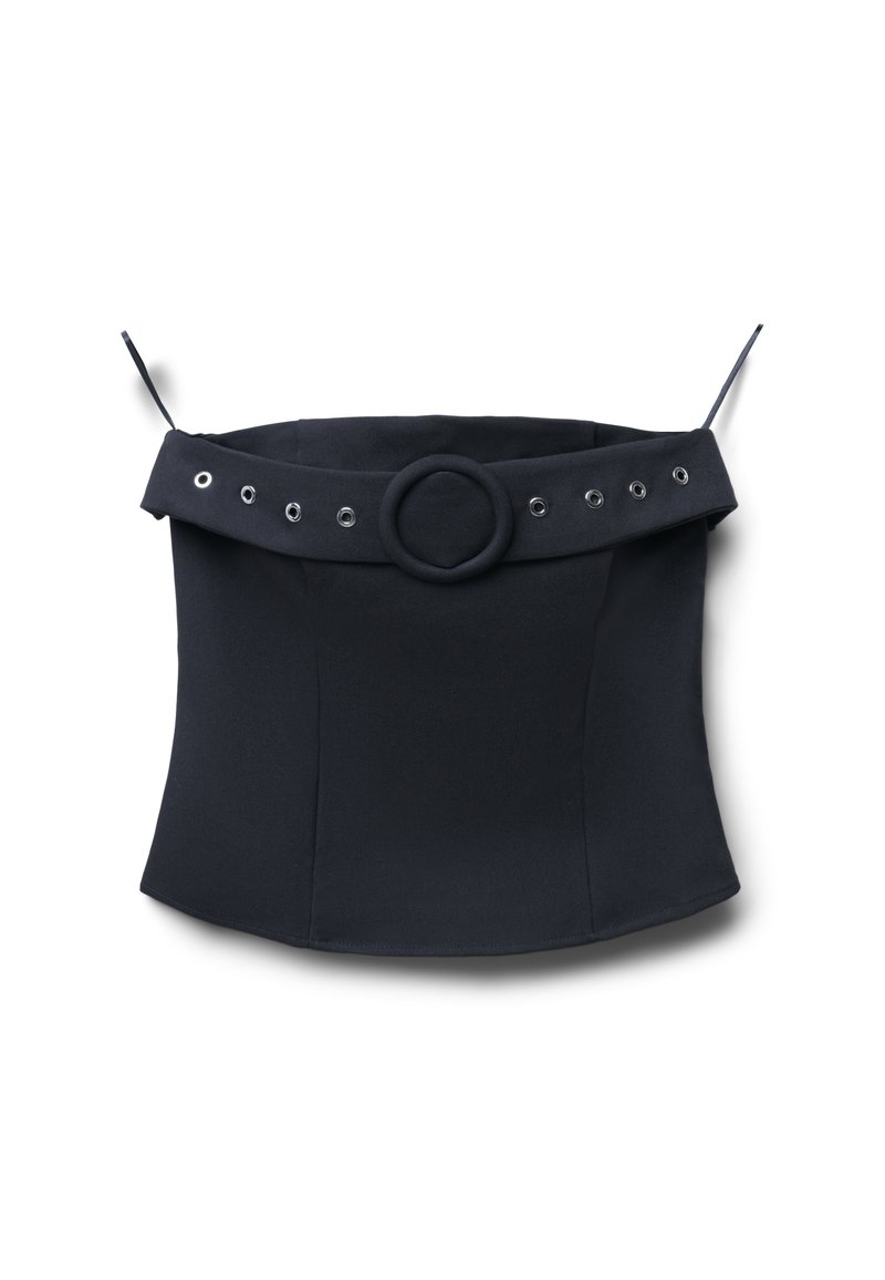 Schwarzer Bustier mit einem breiten Stoffband, kreisförmigem Akzent und Metallösen. Hergestellt aus einem glatten, elastischen Material.