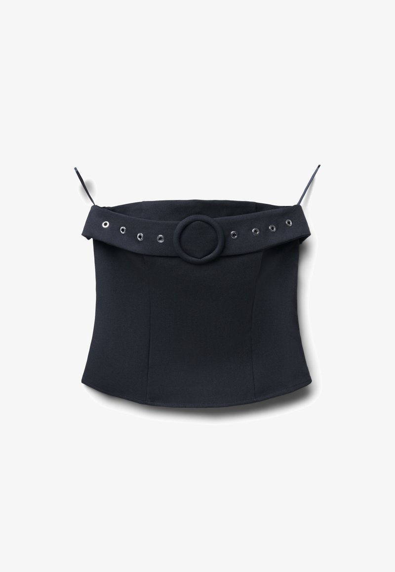 Bustier nero con una larga fascia in tessuto, accessorio circolare e occhielli in metallo. Realizzato in un materiale liscio e elastico.