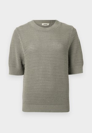 Kurzärmeliges, hellgrünes Strickpullover mit strukturierter Musterung, rundem Ausschnitt und gerippten Bündchen und Saum.