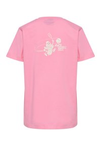 Rosa bomullströja med en vit grafisk tryck av en tecknad karaktär som håller en tennisracket på ryggen, i crew neck-stil.