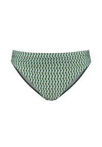 Parte inferior de bikini con patrón geométrico en tonos verdes y beige. Presenta los lados fruncidos y un acabado suave. Tela elástica y ligera.