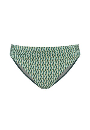 Parte inferior de bikini con patrón geométrico en tonos verdes y beige. Presenta los lados fruncidos y un acabado suave. Tela elástica y ligera.