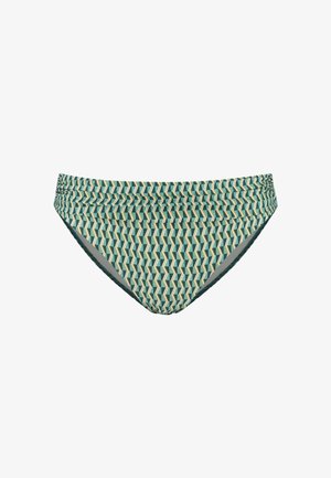 Bas de bikini à motifs géométriques dans des tons de vert et beige. Présente des côtés froncés et une finition lisse. Le tissu est extensible et léger.
