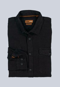 Schwarzes Hemd mit Knöpfen aus Baumwolle. Hat eine schlanke Passform, zwei Brusttaschen und orangefarbene Akzente im Kragen. Ordentlich gefaltet.