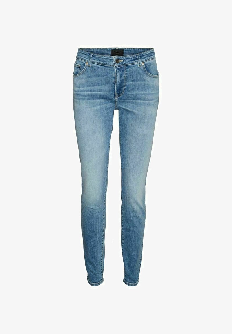 Jean en denim bleu clair coupe slim, avec cinq poches et une fermeture à bouton. Présente un effet délavé subtil et des détails de couture.