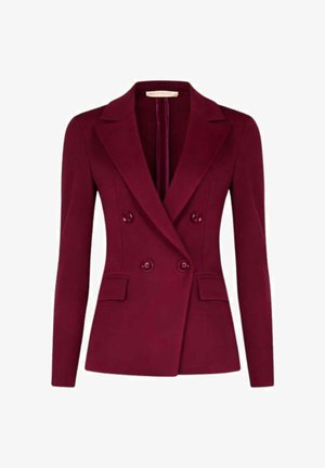 Blazer doppio petto da donna color bordeaux con rever a lancia, maniche lunghe, due tasche frontali con patta e quattro bottoni coordinati.