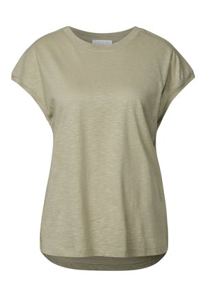 Camiseta de manga corta verde oliva, hecha de tela suave, con un escote redondo y un ajuste holgado con dobladillo ligeramente curvado.