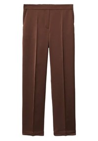Bruine op maat gemaakte rechte broek met voorplooien, zijzakken en een tailleband.