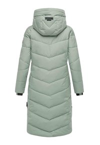 Gevoerde parka in lichtgroen, met een chevron-quiltontwerp, een capuchon en zwarte accenten op de manchetten en onderrand.