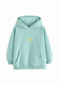 Mint zaļš kapuce, izgatavota no mīkstas auduma, ar priekšējo kabatu, ribotu piedurkņu un izšūtu "studio aura" logotipu dzeltenā krāsā.